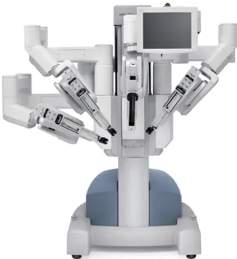 Figure 1. The da Vinci surgical robot also is referred to as the patient cart. Instruments are attached to the working arms and advanced through trocars to the surgical site