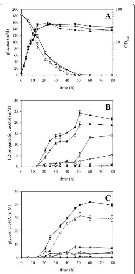 Fig. 2 Influence of YqhD from(Means and standard errors of three independent cultivations are(solid linessymbolsstrains WT(pEKEx3) ( E