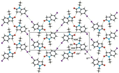 Figure 2The view of the structure along the[Symmetry codes: (i) a axis, showing the C—H� � �O hydrogen bond between columns and the I� � �I interactions between columns