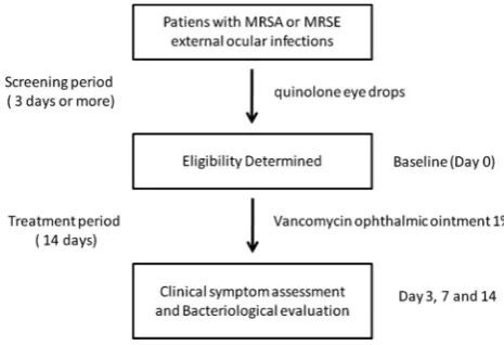 Figure 1Study design. External ocular infections caused bymethicillin-resistant Staphylococcus aureus or methicillin-resistantStaphylococcus epidermidis and cases in which fluoroquinoloneeye drops showed no clinical effect were enrolled.