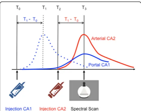 Fig. 1 Injection protocol and timing characteristics for dual-contrastarterial phase. Then, CA2 is injected at Tat TTwhereas the exact time point of arterial distribution (Tagent enhanced multi-phase SPCCT of the liver