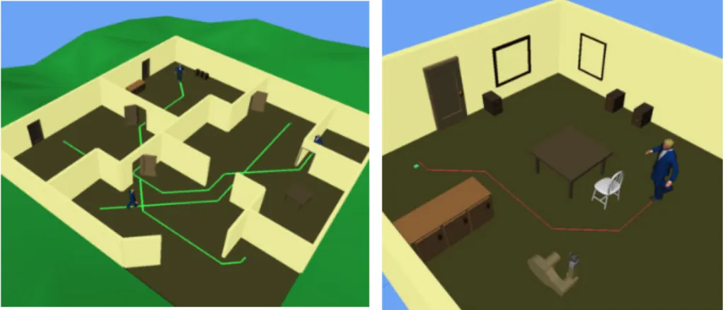 Fig. 4. Screen shots of interactive animation sessions. The left image shows multiple characters navigating in an oﬃce environment