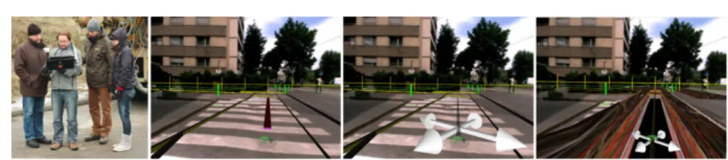 Fig. 1. Interactive planning and surveying with mobile AR. Left: Users with setup. Middle left: