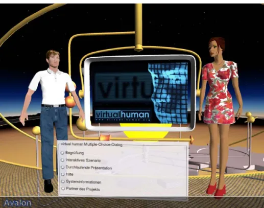 Fig. 6. The Virtual Human Demonstrator at CeBIT 2004. (Background model courtesy of rmh  new media GmbH, Character models courtesy of Charamel Software GmbH) 
