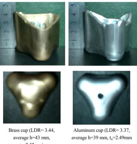 Fig. 9.  Two examples of successfully drawn cups from brass oand aluminum produced by conical dies 