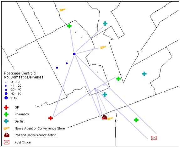 Figure 1. Deriving AWD for an OA (boundaries and postcodes Crown Copyright). 