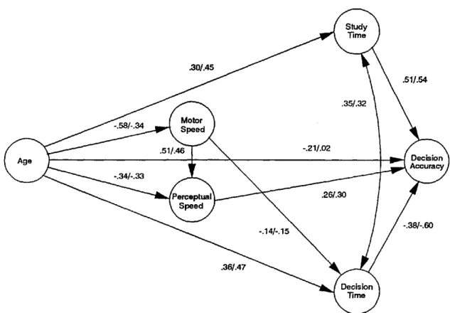 Figure 6.  Path  diagram  illustrating relations  among  variables  in  two  studies  reported  by  Salthouse  (1994d)