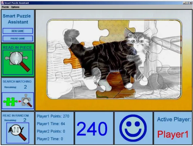 Figure 1: Screenshot of the Smart Jigsaw Puzzle Assistant during game play. On the left side of the graphical user interface  (GUI), one can see the currently active default game operation (“read in piece”), and below it two Joker functions (“search  match