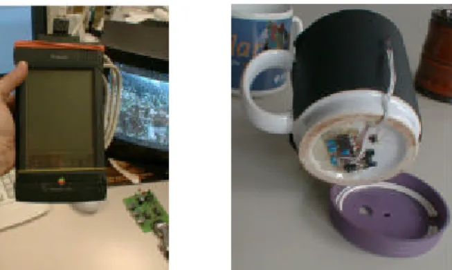 Fig. 6. Two example set-ups of the RAUM system. The left picture shows the PDA with the UbicompBrowser, a PC based network access node and a TV set as controlled device