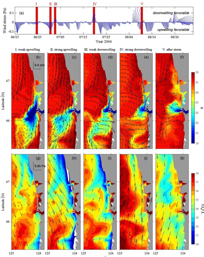 Figure 2. (a) 36-hr low-pass filtered time series of wind stress spatially averaged over the plume area (124.8 – 123.8°W, 45.8 – 46.8°N)