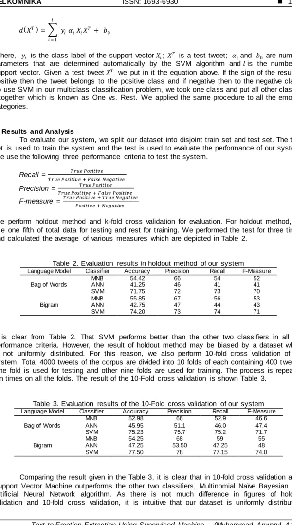 Table  2. Evaluation  results in holdout  method  of our  system 