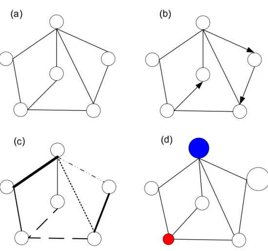 Figure 1-2. Examples of different types of social networks: (a) a social network with single type of  nodes and undirected ties, (b) a social network with directed and undirected ties, (c) a social  network with various types and weights of ties, (d) a soc