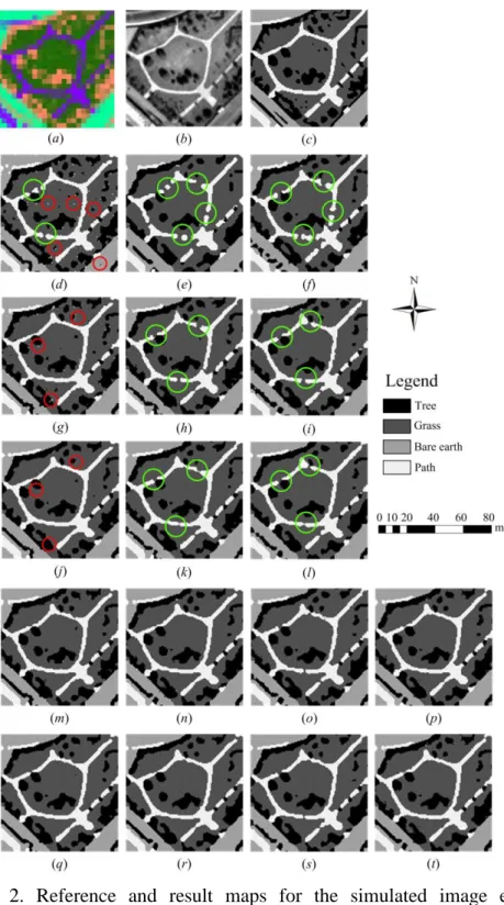 Figure  2.  Reference  and  result  maps  for  the  simulated  image  experiment.  (a)  Simulated  multi-spectral  image  (band  1-2-3),  (b)  panchromatic  image,  (c)  reference  map,  (d)  PSA  with  the  highest  overall  accuracy,  (e)  HNN  with  the