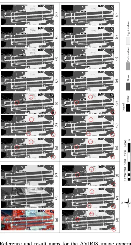 Figure  4.  Reference  and  result  maps  for  the  AVIRIS  image  experiment  in  Moffett  Field  site  (37°24′54″  N  and  122°02′54″  W)