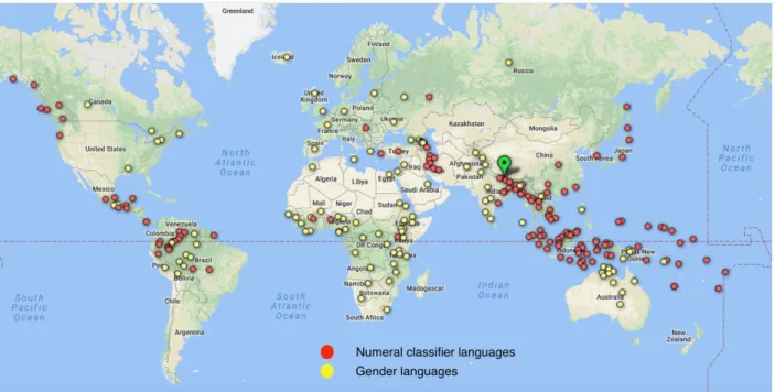 Figure 1. Distribution of gender and numeral classifiers (Corbett 2013, Gil 2013)  As regards the languages spoken in Nepal, the area constitutes a meeting point of Indo-Aryan  (European) and Tibeto-Burman (Sino-Tibetan) languages (see Figure 2)
