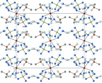 Figure 2(100)-projection of the crystal structure of the title compound. Colour scheme: S (yellow), Co (red), O (blue), N (orange), 