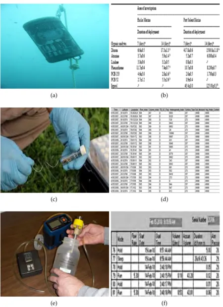 Figure 2.2: An example of passive sampling: 2.2a chemcatcher for water quality data collection, 2.2b data returned from chemcatcher water sampling, 2.2c chemcatcher for soil quality data collection, 2.2d data returned from chemcatcher soil sampling, 2.2e a