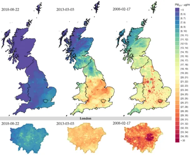 Figure 5 complements the analysis of daily variations by displaying the spatial distribution of PM 2.5 estimations across Great Britain (Top) and London (Bottom) for specific days within the study period