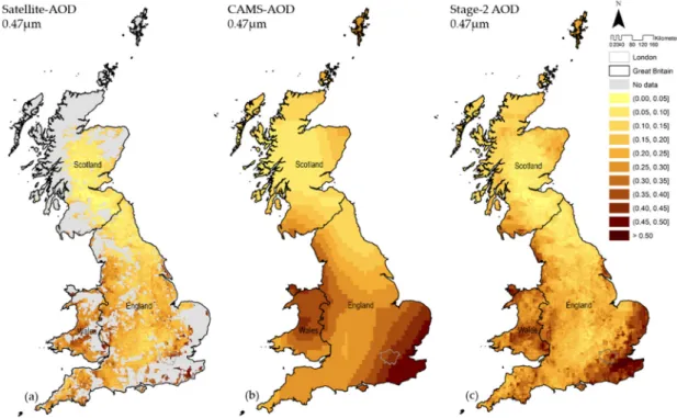 Figure 2. Satellite-AOD 0.47 µm values are represented in Figure 2a (mean of all Terra- and Aqua- Aqua-MODIS passing times)