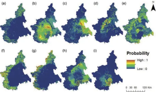 Figure 8. Probability of landslide occurrence for each landslide class. (a) Crash/rollover (b) sliding rotational/translational (c) slow dripping (d) fast dripping (e) complex (f) DGPV (g) collapsing/