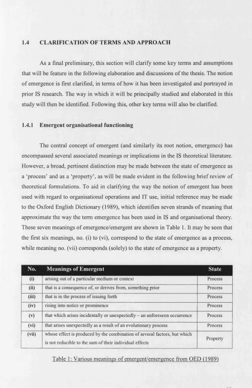 Table 1: Various meanings of emergent/emergence from OED (1989)
