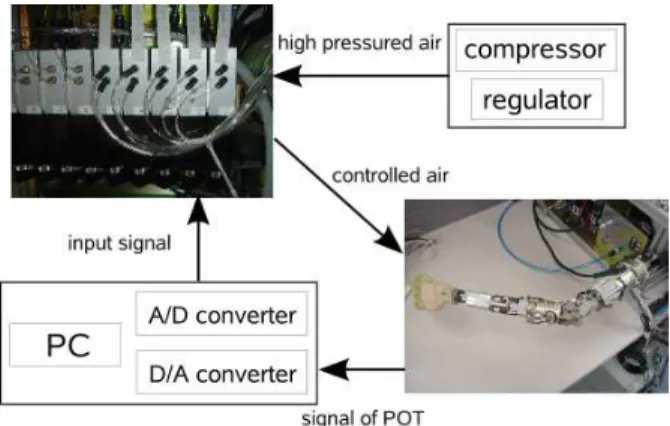 Fig. 3. The setting of the experiment for testing consolidation: An android arm is actuated by air pressure coming from a compressor.