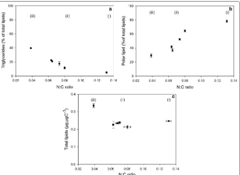 Fig. 5 Beta-carotene content versus triglycerides quotas measured for different nitrogen statuses of D