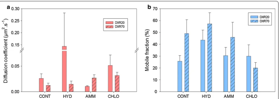 Fig. 6 a Averaged diffusion coefficient, D and b mobile fraction, MF, values for the localization parameter depending on probe type (DXR20 and DXR70) and pretreatment parameters (CONT, HYD, AMM and CHLO)