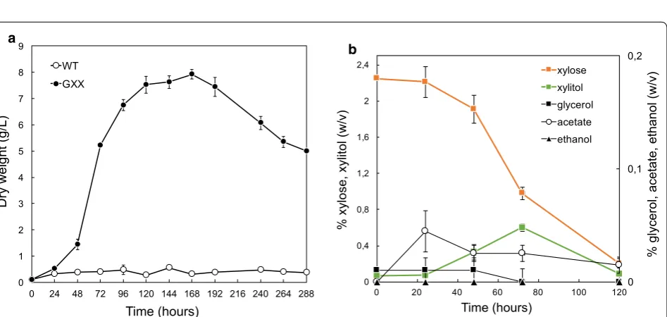 Fig. 2 Overexpression of the endogenous xylose utilization pathway in A. gossypii. a Pipeline of the construction of the GXX strain