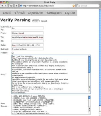 Figure 1: Imported emails automatically get parsed into fields and their sentences get segmented.