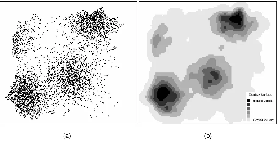 Figure 1: Hot spot detection: (a) point event data  (b) kernel density surface. 
