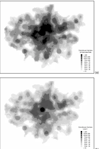 Figure 5: Kernel density surfaces for (a) all geocoded records and (b) L1 geocoded 