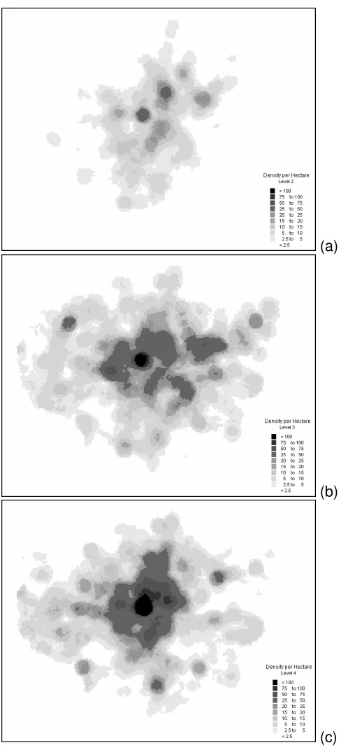 Figure 7: Kernel density surfaces for (a) L2, (b) L3, (c) L4 geocoded records. 