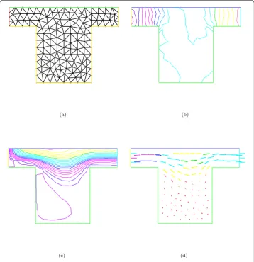 Figure 6 The mesh, the proﬁles of pressure and velocity, and the velocity vector with NT = 254