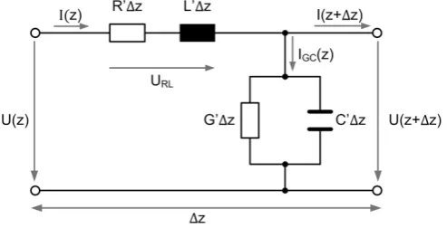 Fig. 3. Line equivalent circuit of a short two-wire line segment 