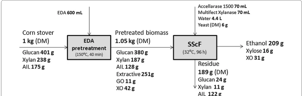 Fig. 10 Mass balance from raw CS to ethanol by EDA pretreatment and SScF process. SScF was conducted at 6 % glucan loading