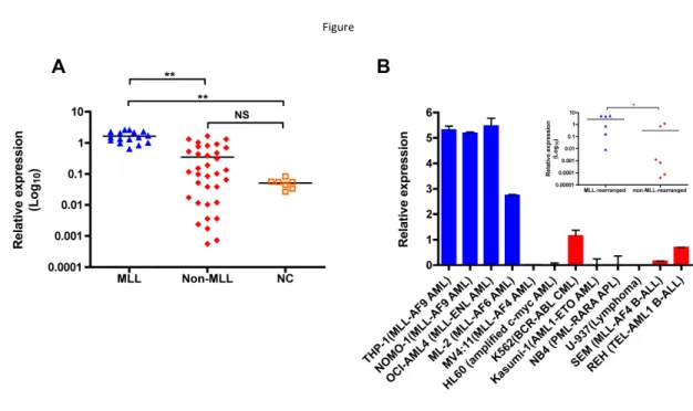 Figure 8. ZNF521 is aberrantly overexpressed in MLL-rearranged AML. (A) qRT-PCR for the expression of  ZNF521  in  16  MLL-rearranged  AML  (MLL),  34  non-MLL-rearranged  AML  (Non-MLL)  and  7  normal  control  (NC)