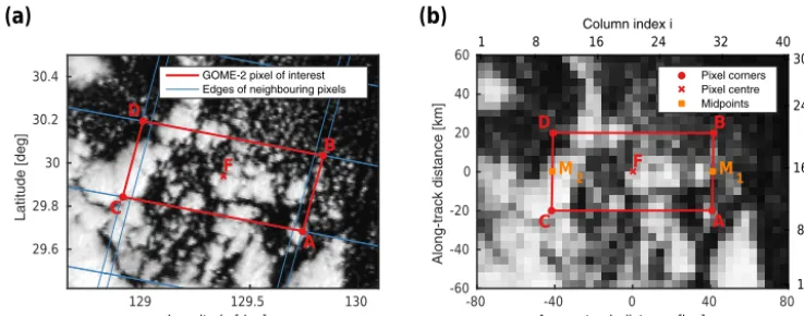 Figure 6. Geospatial alignment of AVHRR measurements and GOME-2 spatial sampling over an example area south of Japan on 2 April2009: (a) AVHRR raw data in topocentric coordinates, Plate Carrée projection; (b) data projected and averaged on a 4 km × 4 km gr