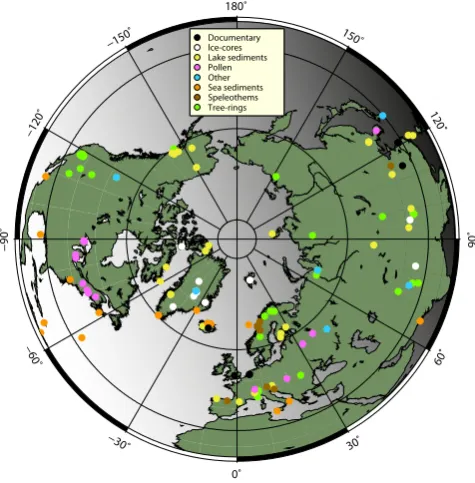 Fig. 1. Type and location of all 120 proxy records used in this study(see Table 1 for details)