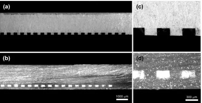 Figure 3. Images of clean-cut cross sections of the micro-channels before bonding ((a), (c)) and after bonding with a foil of PC (250 µm) via thermal bonding at Tb = 146˚C ((b), (d)) in large-scale (left) and in detail (right)