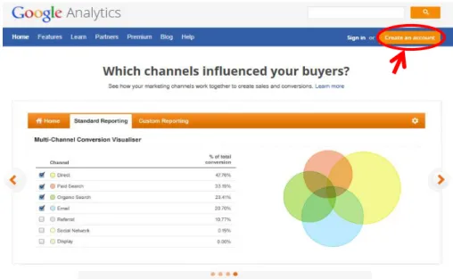 Figure	  1:	  The	  Google	  Analytics	  homepage.	  	  Click	  ‘Create	  an	  Account’	  to	  get	  started.	  