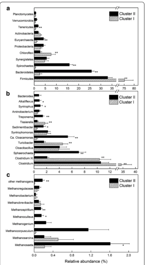 Fig. 3 Taxonomic compositions of microbial communities in Cluster I and II. Relative abundances (% of total reads) of 16S rRNA gene the phylum level of prokaryote, c*significant at a at b at the genus level of bacteria, and  at the genus/family level of me
