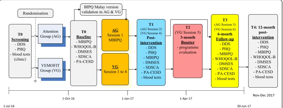 Fig. 3 Timeline of the interventions. DDS: 17-item Diabetes Distress Scale; PHQ: 9-item Patient Health Questionnaire; MBIPQ: Malay version BriefIllness Perception Questionnaire; WHOQOL-B: World Health Organization Quality of Life- Brief; DMSES: Diabetes Management Self Efficacy Scale;SDSCA: Diabetes Self-Care Activities; PA-CESD: Positive Affects subscale of the Center for Epidemiologic Studies Depression Scale