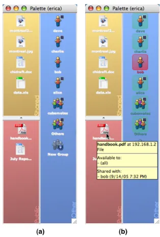Figure  1:  (a)  A  prototype  of  the  sharing  palette  user  interface.  (b)  Using  the  sharing  palette  to  discover  with whom the file handbook.pdf is currently shared