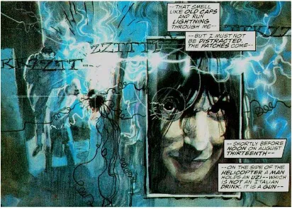 Figure 3.  Elektra: Assassin (Frank Miller and Bill Sienkiewicz), p. 3. The close-up of Elektra imposes a timeless quality (as if emerging from or into another time), as her 