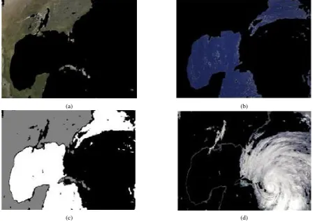 Fig. 3: Segmented Images Obtained After Applying K-means Clustering: (a) Textures in the ﬁrst cluster; (b) Textures inthe second cluster; (c) Textures in the third cluster; (d) Hurricane cloud texture extracted from the image