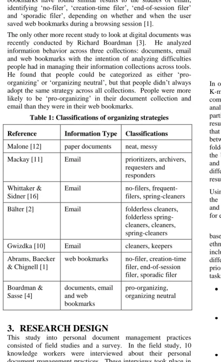 Table 1: Classifications of organizing strategies  Reference  Information Type  Classifications  Malone [12]  paper documents  neat, messy 