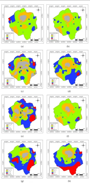Figure 3. Errors of global DEM in Makkah study area. (a) SRTM 1 DEM; (b) SRTM 3 DEM; (c) GTOP30 DEM; (d) GMTED DEM; (e) GLOBE DEM; (f) ENVI DEM; (g) ASTER DEM; (h) AW3D30 DEM