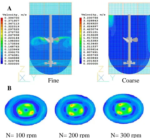 Fig 5. (A) Influence of mesh size on the predictions (100 rpm); (B) Influence of rotation speed on flow pattern