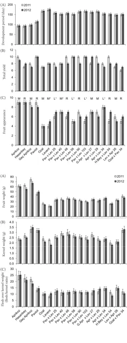 Figure 1. Evaluation of apricot parental lines and hybrids: fruit development period in days (A), total yield (B) and fruit appearance (C) during the years 2011 and 2012; yield (kg/tree) and fruit appearance (attractiveness of the fruit appearance) are described with a user defined scale ranging from 1 (poor) to 10 (excellent); average aroma for the two years is indicated in (C): L – low; M – medium; R – rich; L+ – low to medium; M+ – medium to rich